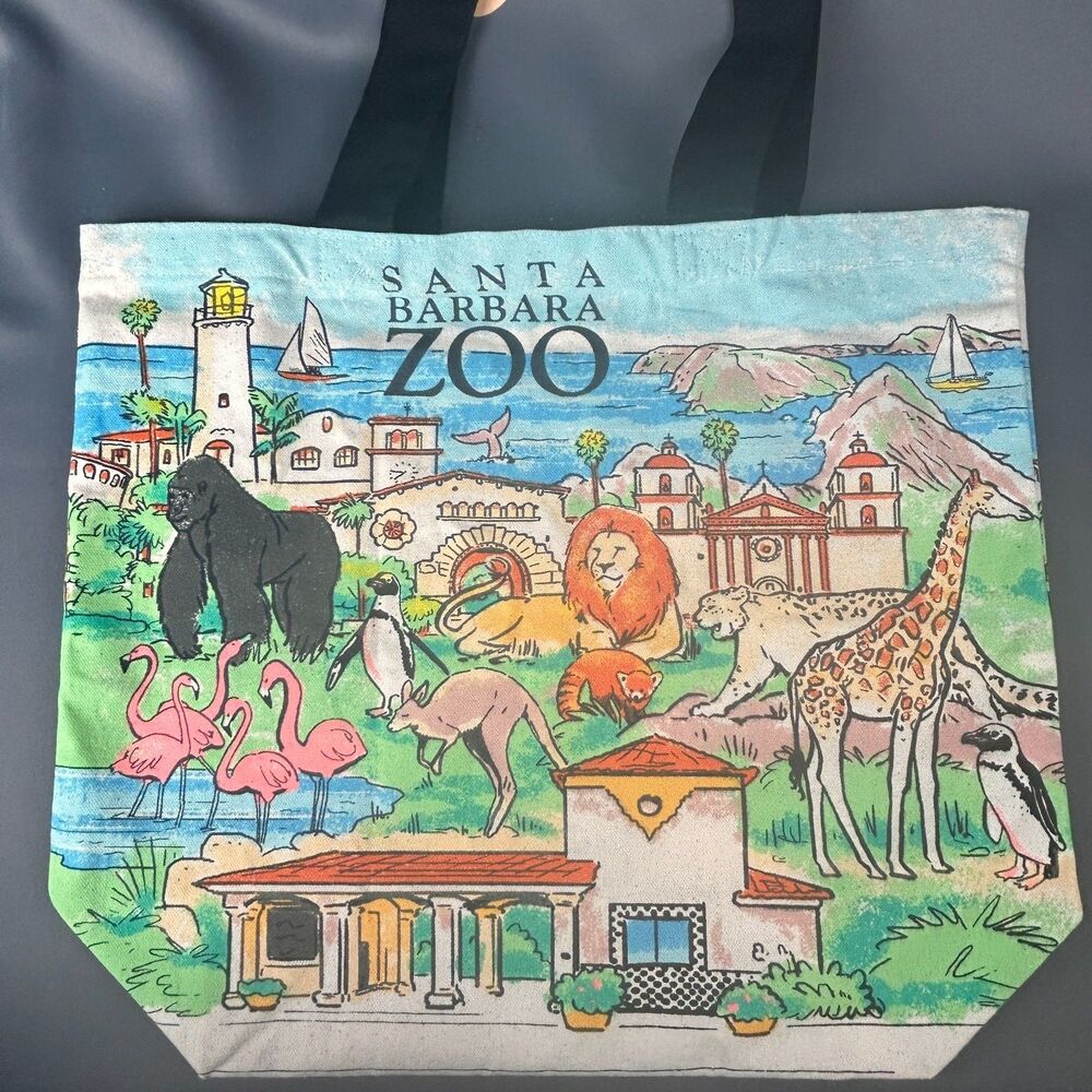 Santa Barbara Zoo Colorful Animal Tote Shopper Bag Large 15" X 18"